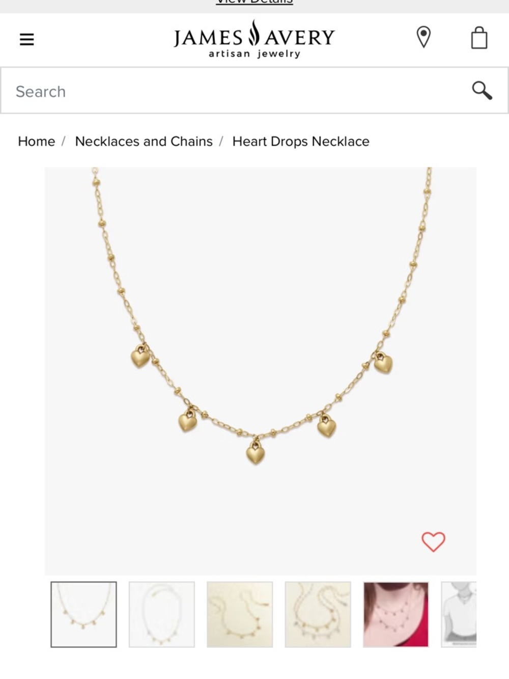 James Avery Gold Heart Drop Charm Necklace